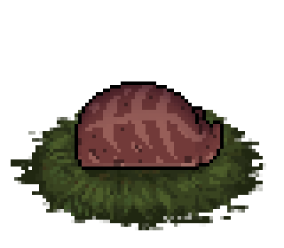 Pixel art of a slugcat curled up with only its back visible. It is rust red with bengal spots, and a pale tiger-like stripe pattern in the middle of its back.